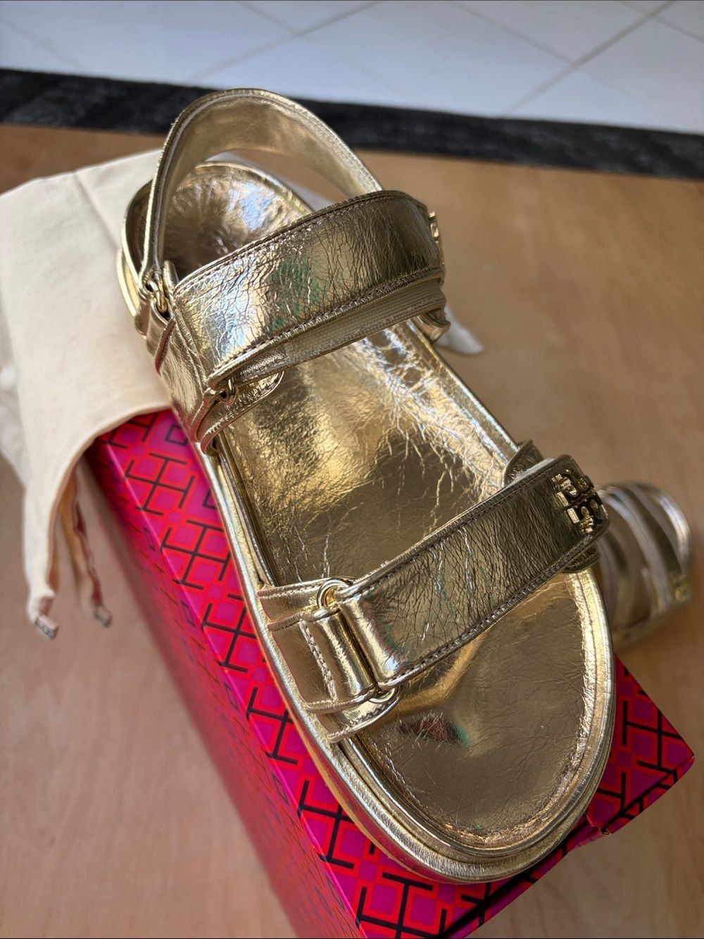 Tory Burch Metallic Gold Adjustable Strap Sandals - Picture 4 of 6